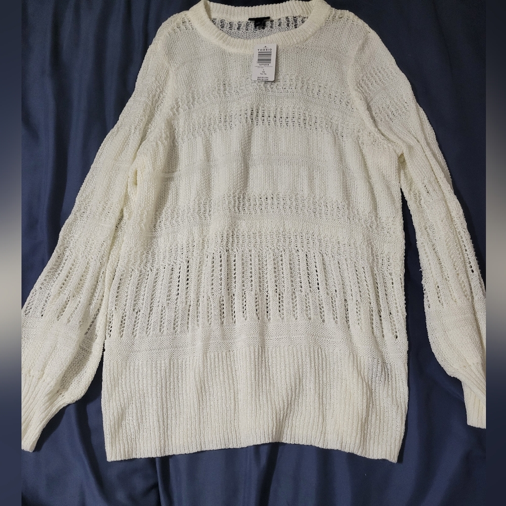 Torrid SIZE 1 EXTRA LARGE IVORY POINTELLE PULLOVER BALLOON SLEEVE SWEATER NWT
